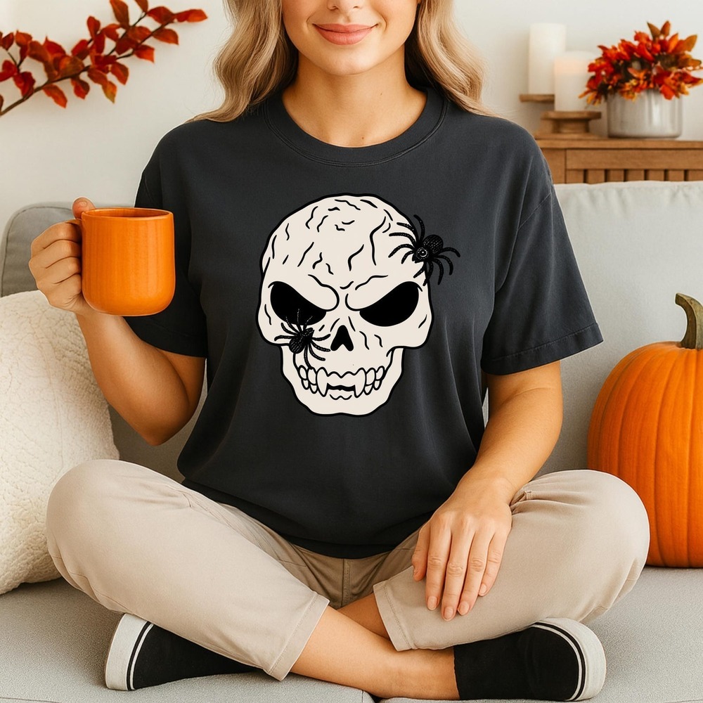 Spider Skull Halloween Graphic Tee Creepy Gothic Horror Shirt